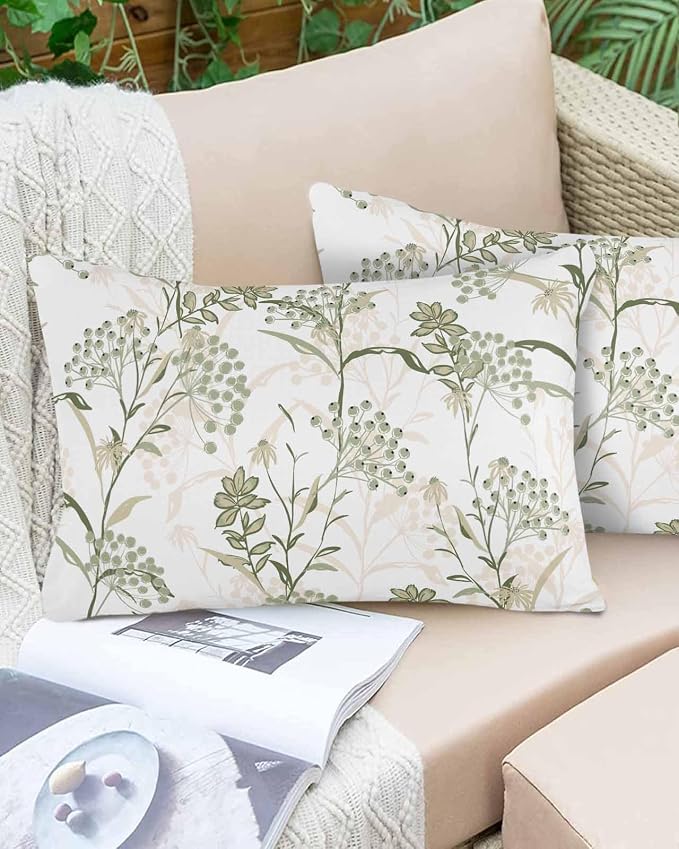 Outdoor Waterproof Throw Pillows Pastoral Sage Green Herbs Plant Patio Pillows Pack of 2,Decorative Pillow Covers with Insert,Pillow Cushion Case for Garden Couch Sofa Botanical Leaf on White
