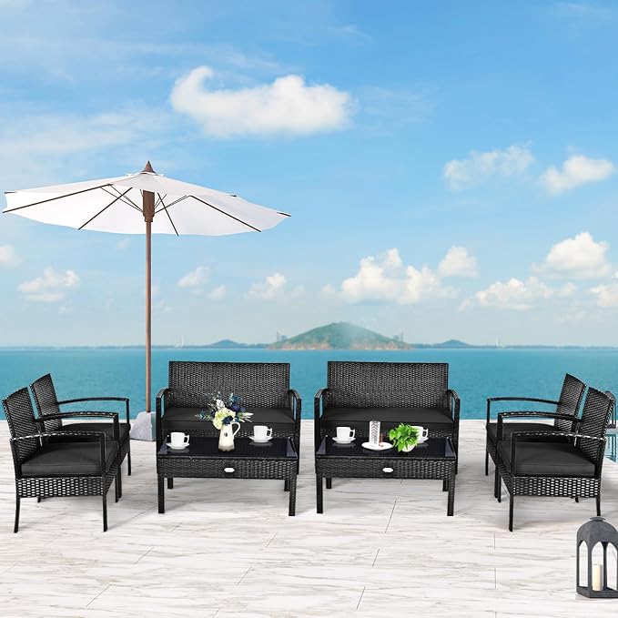 HAPPYGRILL 8-Piece Patio Conversation Set Outdoor Rattan Wicker Sofa & Coffee Table Furniture Set for Patio Garden Poolside