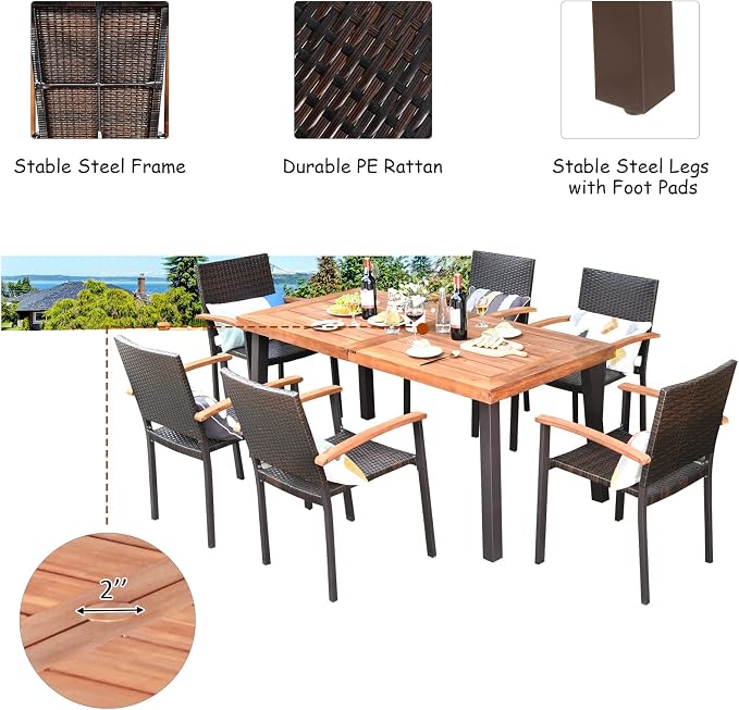 Tangkula 7-Piece Wicker Patio Dining Set, Patiojoy Outdoor Rattan Garden Yard Furniture Set, Acacia Wood Tabletop Dining Table with Umbrella Hole & 6 Stackable Rattan Chairs Set