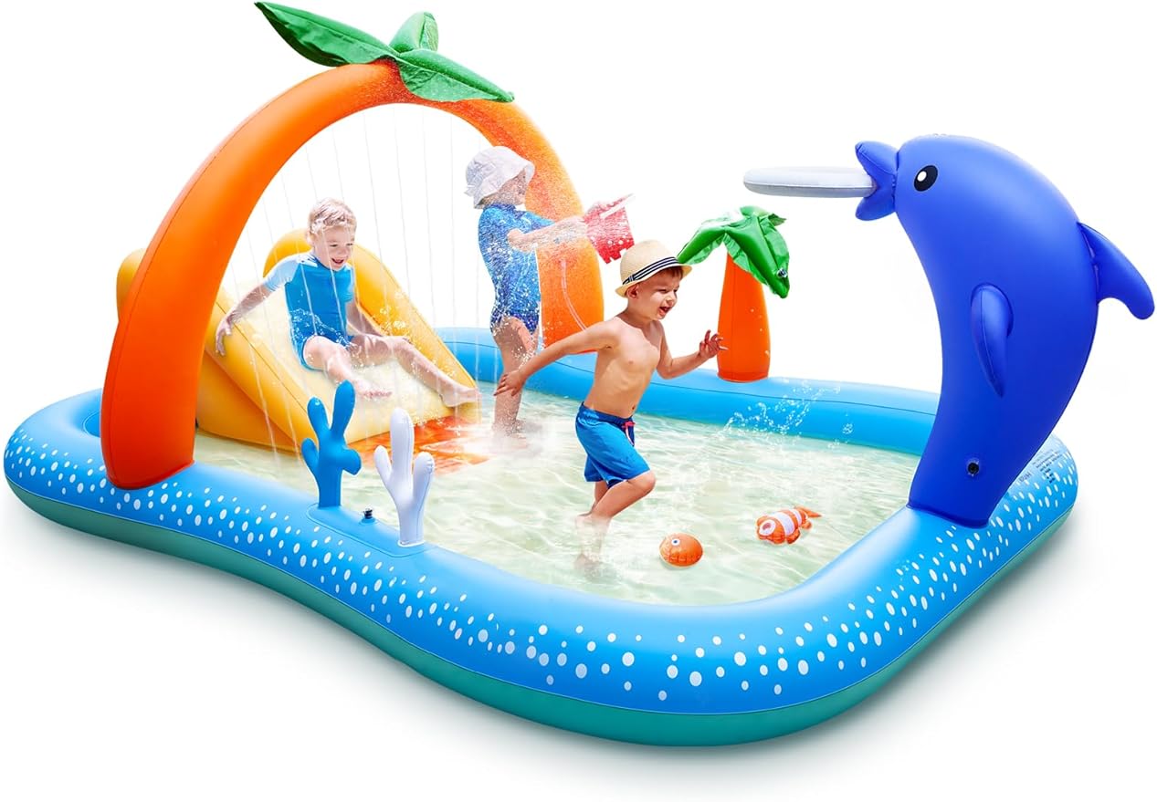 Kiddie Pool with Slide Inflatable Play Center Wading Lounge, Coconut Palm Sprinkler, Water Game Play Center, 95''x75''x40''