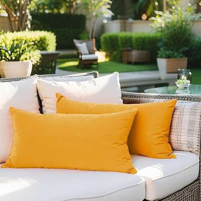 SK Studio Outdoor Water Resistant Throw Pillows, Decorative Patio Lumbar Cushions, Fluffy Furniture Garden Cushions for Home Patio Coach Sofa Use, Pack of 2, Yellow, 20x20 Inch