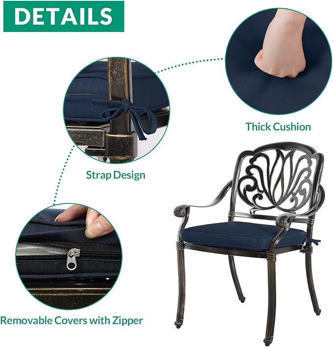 VIVIJASON 9-Piece Outdoor Furniture Dining Set, All-Weather Cast Aluminum Patio Conversation Set, Include 8 Cushioned Chairs and an Oval Table with Umbrella Hole for Lawn Backyard, Navy Blue Cushion