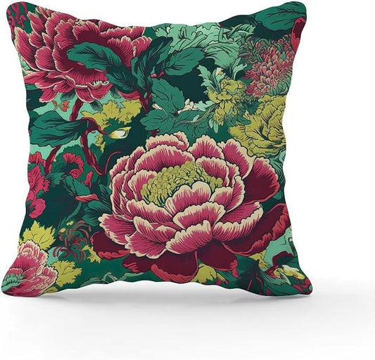 Chinoiserie Red Peony Floral Cushion Cases Green and Pink Throw Pillow Cover Retro Outdoor Garden Decoration for Patio Couch Bench 24x24 in