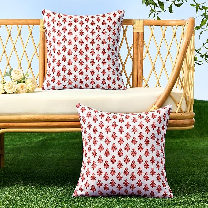 Outdoor Pillow Covers 18x18 Set of 2 Boho Red Floral Accent Print Decorative Throw Pillow Cases for Outdoor Waterproof Patio Furniture Garden Porch Sofa Bed Cushion Covers Home Decor JB005-J18