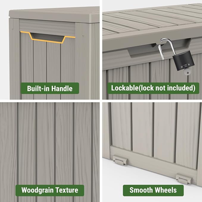 Mars Villa 72 Gallon Deck Box, Waterproof Weatherproof and UV Resistant Resin Storage Bin with Lockable Lid, Ideal for, Outdoor, Patio Furniture Cushions, Pool Supplies, Garden Tools, Grey