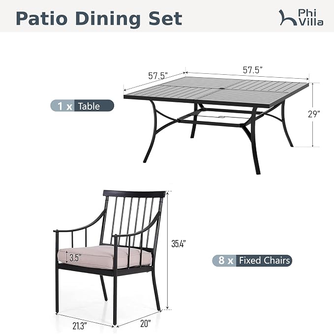 PHI VILLA 9 Piece, Outdoor Dining Set, 57.5"x57.5" Table, Cushioned | Wrought Iron, 2.0" Umbrella Hole, Weather-Resistant, 300 lbs Capacity