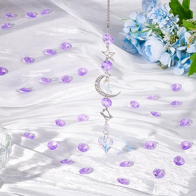 1 Box 120Pcs Glass Octagon Beads 2 Hole Crystal Prism Beads Purple 14mm Chandelier Replacement Connector Suncatcher Faceted Spacers for DIY Crafts Lamp Hanging Ornament Pendant Jewelry Adults