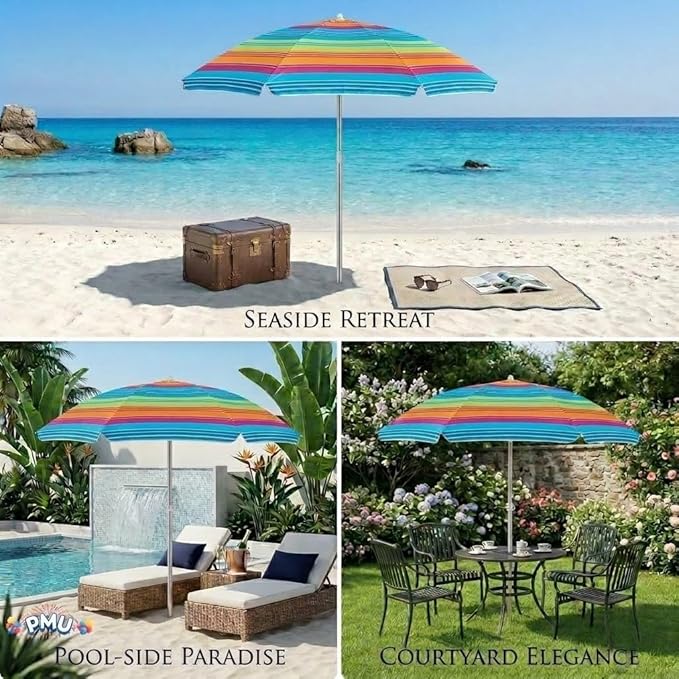 PMU 2 Pcs 6ft Multicolored Beach Umbrella – Vibrant Rainbow Stripe Design, 72in Open, 160G Polyester, Large Outdoor Patio Pool Parasol Umbrella for Garden, Deck, Backyard & Pool