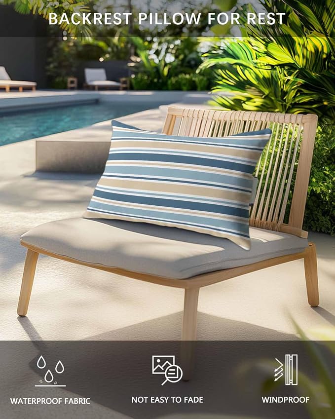 Pack of 2 Outdoor Lumbar Pillow Covers 11x16 Inch, Khaki Blue Striped Waterproof Throw Pillow Covers Set, Farmhouse Stripes Modern Abstract Art Outside Decorative Cushion Cases for Patio Porch Car