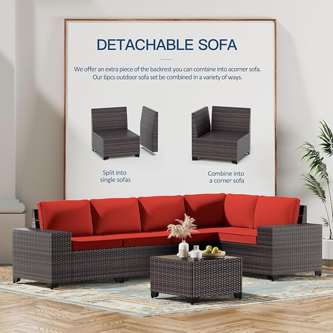 Kullavik Outdoor Patio Furniture Set 12 Pieces Sectional Rattan Sofa Set Brown PE Rattan Wicker Patio Conversation Set with 10 Red Seat Cushions and 2 Tempered Glass Table