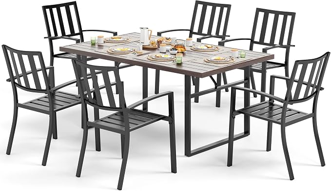 SUNSHINE VALLEY 7 Piece Patio Dining Set for 6, 64x38 Wood-Like Metal Table with Umbrella Hole and 6 Pcs Rust-Proof Stackable Chairs, Outdoor Table and Chairs Set for Backyard Garden Deck (Style 1) | 64x38 Table&6 Pcs Rust-Proof Stackable Chairs, Outdo...