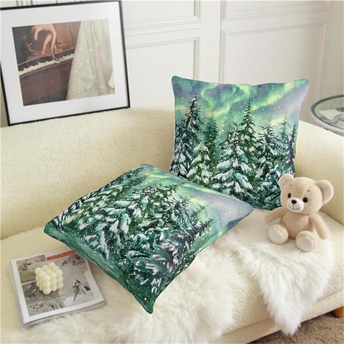 Winter Aurora Pillow Covers 20x20 Set of 2 Snowy Pine Tree Throw Pillow Covers Green Polar Light Forest Pillow Case Double Sided Printing Cushion Case for Home Decor Couch Sofa