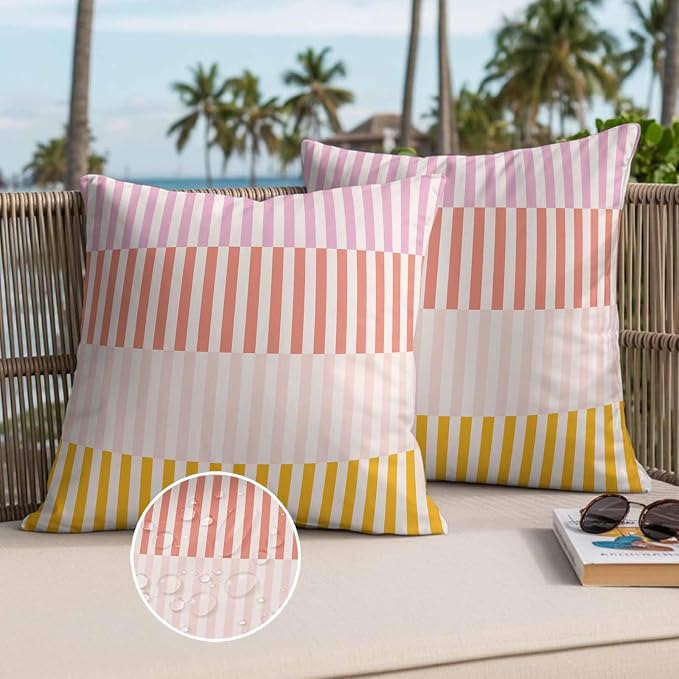 Colorful Stripe Waterproof Outdoor Pillow Covers Set of 2 Home Decor, Modern Pink Red Yellow Vertical Striped Pillowcase Patio Pillow Covers for Couch Bench Furniture Garden 24x24in