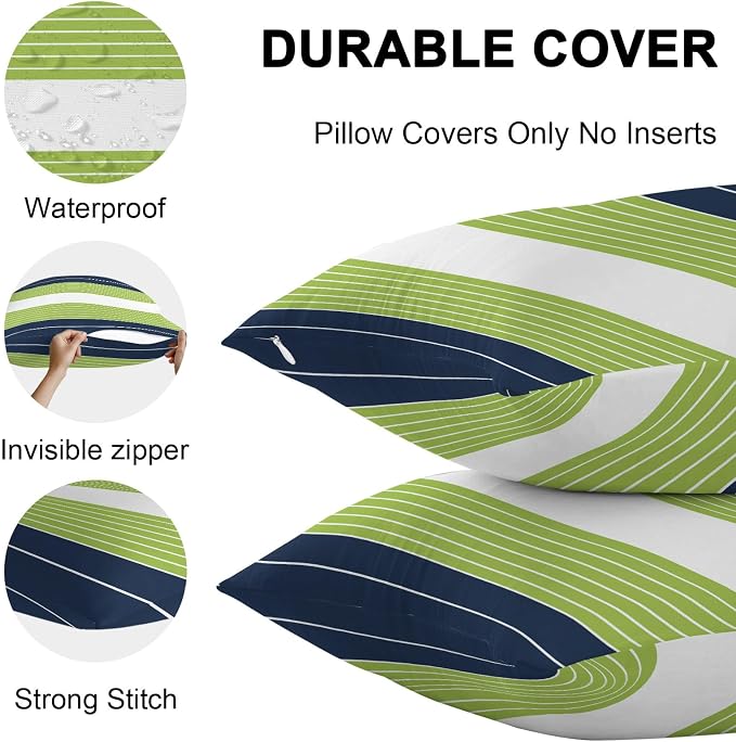 Navy Blue Green Stripe Outdoor Pillow Covers Waterproof, All Weather Cushion Case Set of 2, Modern Art Horizontal Striped Decorative Pillowcases for Sofa Couch Bed Decor Patio Furniture 16"x16"
