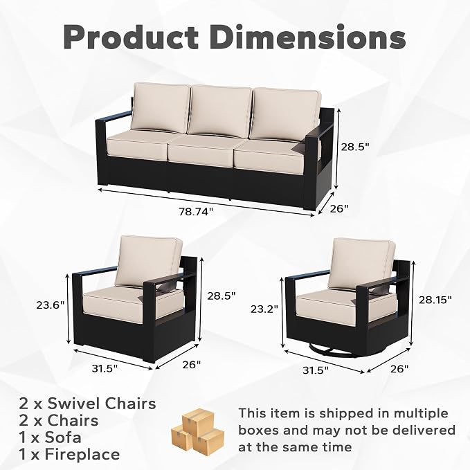 Outdoor Aluminum Furniture Set, 6-Piece Patio Conversation Set, 2 Swivel Chairs, 2 Chairs,1 Sofa and 1 Fireplace, All-Weather Metal Frame, 6" Thick Removable Cushions, Deep Setting for Porch