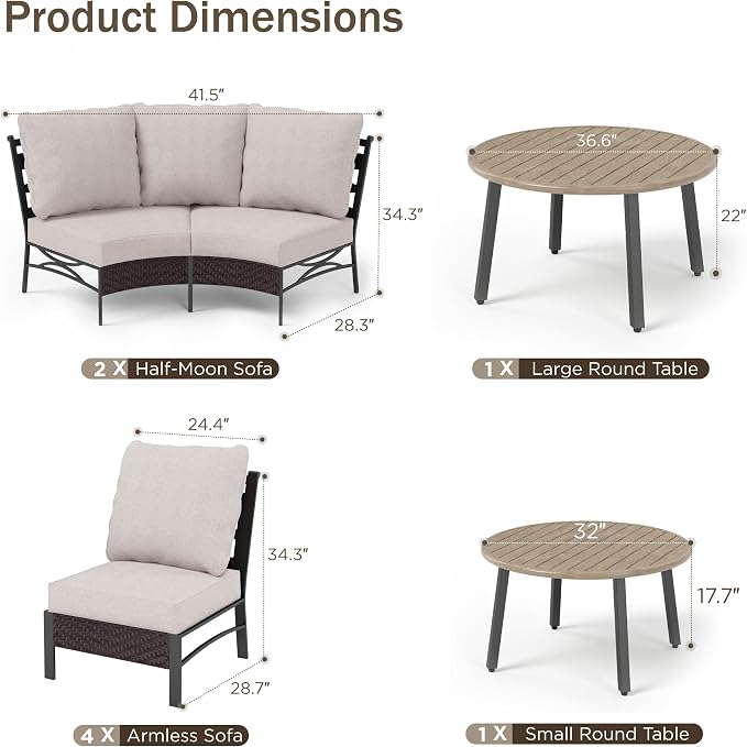PHI VILLA Outdoor Patio Furniture Set 10 Piece, Half-Moon Sectional Patio Conversation Sets for 8 Persons with 2 Round Table for Garden, Poolside, Balcony, Backyard