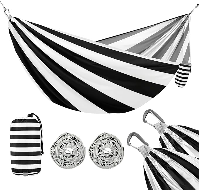 Black White Stripes Camping Hammock, Portable Lightweight Single Hammock with Tree Straps and Aluminum Carabiners, 114" x 54" Travel Hammock for Hiking Backpacking Beach