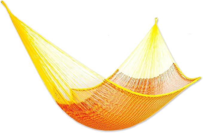 NOVICA Bright Yellow Orange Hand Woven Nylon Mayan 1 Person Rope Hammock with Hanging Accessories, 'Daffodil Dreams' (Single)