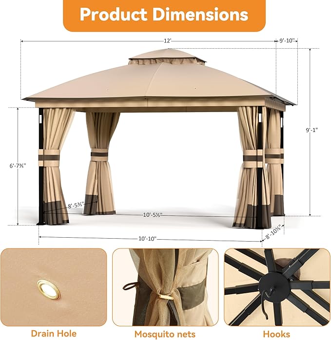 Covered Outdoor Patio Gazebo 10'x12' with LED Lights & Bluetooth Speaker, Heavy Duty Outdoor Canopy Shelter with Metal Frame, Double Roofs, Soft Top Gazebo with Netting and Curtains, Khaki