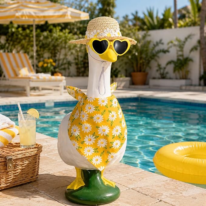 Summer Daisy Porch Goose Outfit Set, Straw Sun Hat Heart Sunglasses Yellow Daisy Bandana, Fits 23 Inch Lawn Goose Statue, Holiday Decor Outfit, Outdoor Garden Yard Goose Decor.