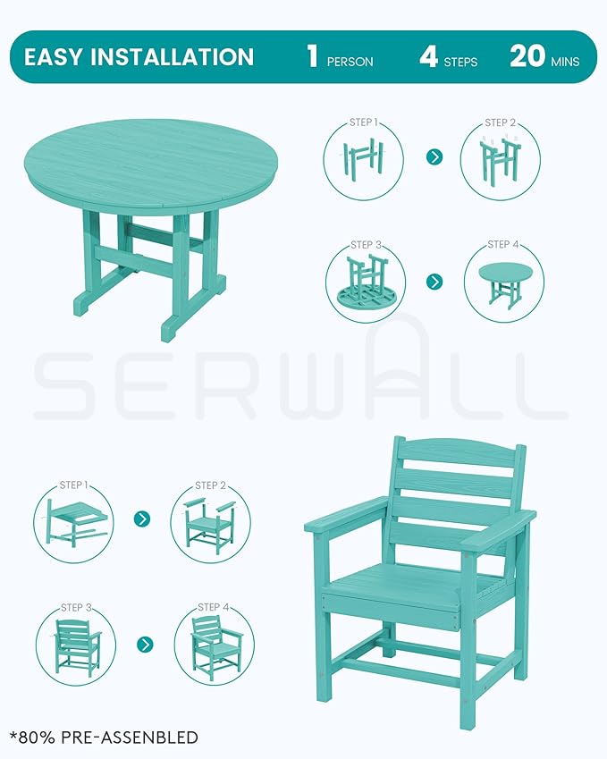 SERWALL 5-Piece Patio Dining Sets, HDPE Outdoor Table and Chairs Furniture Set, 45" Round Dining Table and 4 Dining Chairs, Aruba