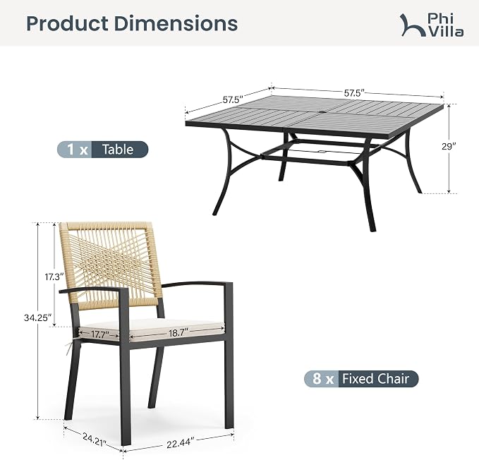 PHI VILLA 9pc Patio Dining Set, 57" Square Table, Wicker Chairs | Outdoor Dining Set for 8, Square Patio Dining Table Set with Patio Wicker Chairs for Garden, Porch, Backyard, Deck