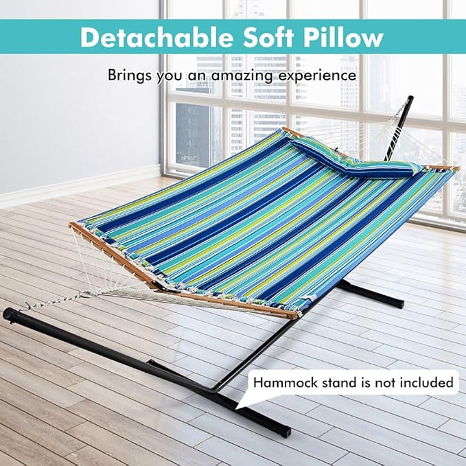 Portable Blue-Green Beech Wood Foldable Hammock with Detachable Pillow for Patio/Balcony 55.5x75in, 265lb Capacity Contemporary