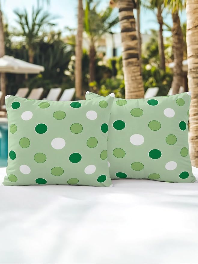 Waterproof Outdoor Pillow Set of 2 Green Polka Dots Decorative Throw Pillows Cover & Insert 16x16 Inch Pillowcase Funny Circles Spots Square Pillows for Couch Sofa Bed Patio Furniture Indoor Outdoor