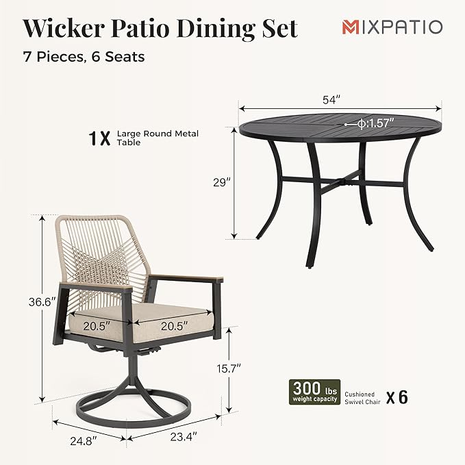 MIXPATIO 7 Pieces Outdoor Patio Dining Set, Wicker Patio Table and Chairs Set of 6, Swivel Wicker Chairs with 3.2" Cushion and 54" Round Table for Yard, Porch, Beige