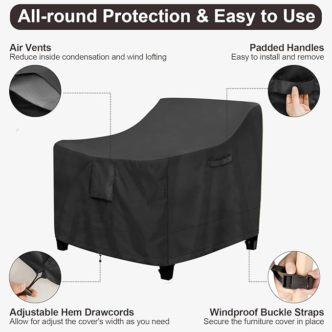 PureFit Outdoor Chair Covers Waterproof 2 Pack Patio Furniture Lawn Chair Covers for Outdoor Furniture with Air Vent and Padded Handles, Fits up to 30W x 37D x 31H Inches, Black