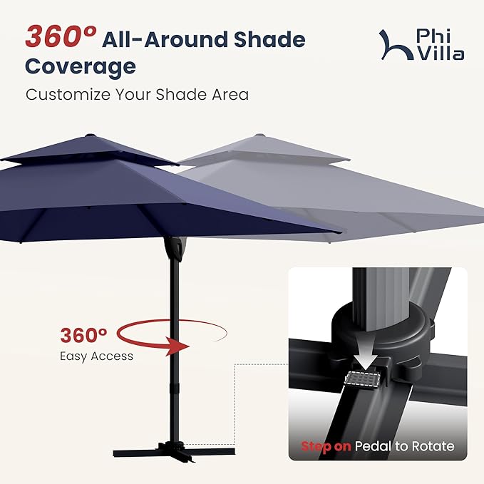 PHI VILLA 9x12 Cantilever Patio Umbrella with Base, Double Top Large Rectangular Umbrella, Heavy Duty 360° Rotation Hydraulic Outdoor Sun Umbrella Windproof for Pool, Garden, Navy Blue