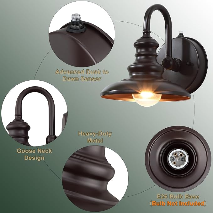 Dusk to Dawn Sensor Outdoor Gooseneck Barn Light Fixture Brown | Exterior Wall Sconce Lighting Modern Outside Porch Lantern Waterproof Farmhouse Wall Mount Lamp for House Garage Patio