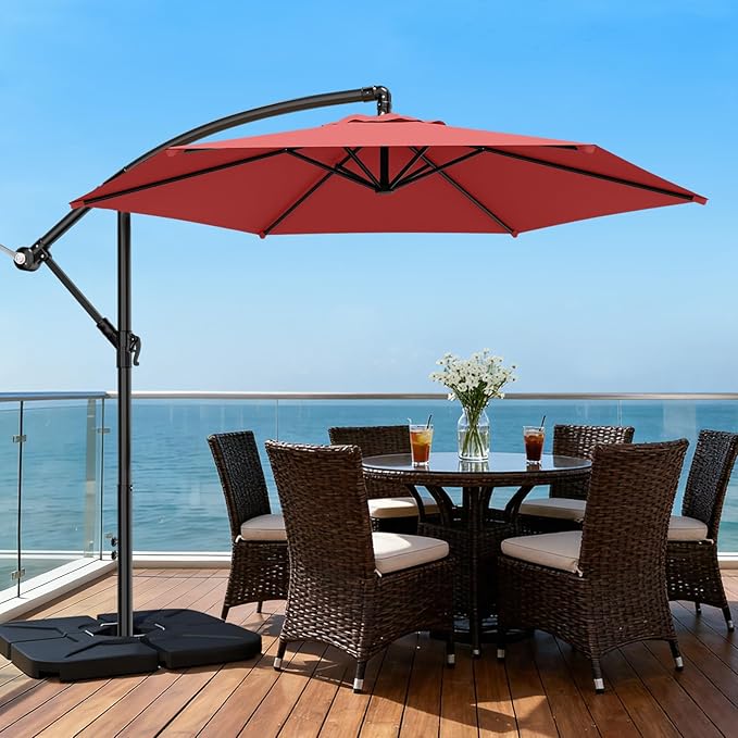 AreShark 10FT Patio Outdoor Umbrella, Offset Patio Umbrella Cantilever Umbrella, 6 Sturdy Ribs, Easy Adjustment for Garden Market Pool with Cross Base (Dark Red)