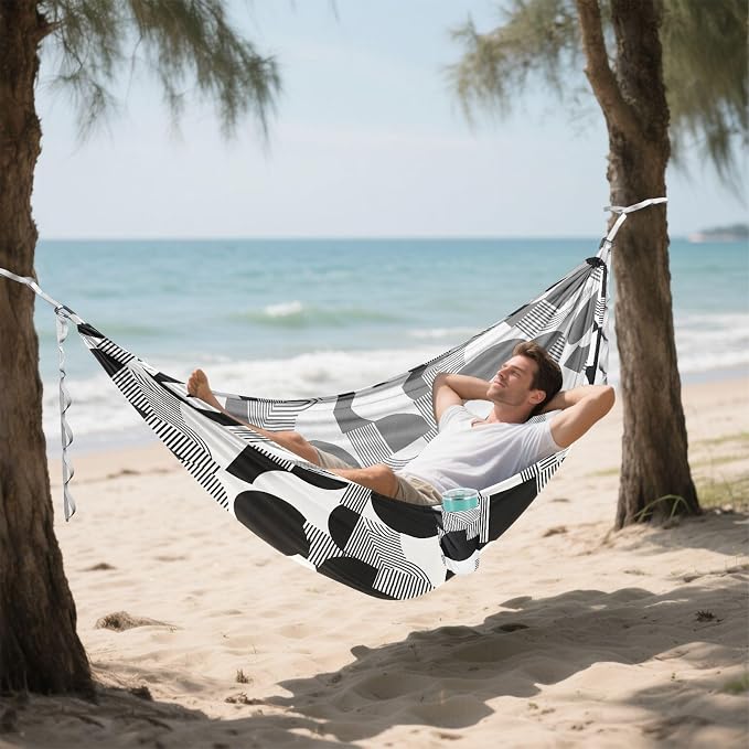 Camping Hammock Outdoor Hammocks for Outside Black White Line Beach Trees Portable Lightweight with Pockets Tree Straps Indoor