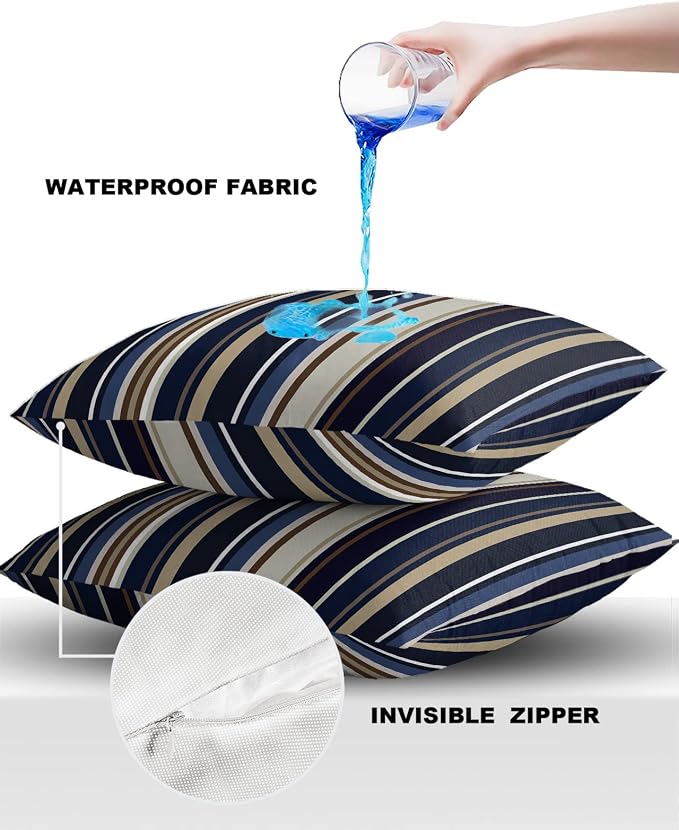 Outdoor Waterproof Pillow Covers for Patio Simple Stripe Decorative Throw Pillow Cover Blue And Brown Geometric Pattern Pillowcases Set of 2 Cushion Case for Sofa Couch Chair Home Decor 20x20 inch