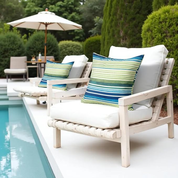 18x18 Waterproof Outdoor Pillows, Set of 2 Outdoor Throw Pillows | Patio Furniture Pillows, Fluffy Decorative Pillows, Waterproof &Fade Resistant, Removable & Washable, Stripe Blue Green