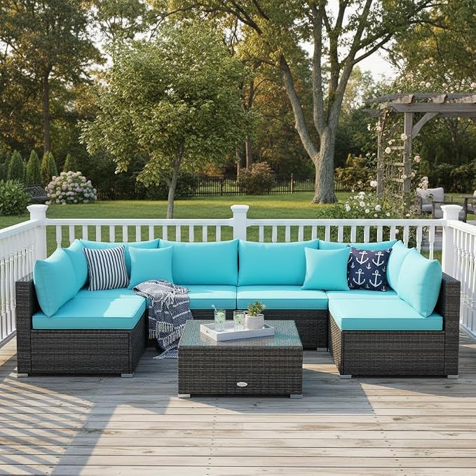 Tangkula 7 Pieces Wicker Patio Furniture Set, All-Weather Outdoor Rattan Sectional Sofa Set with Cushions & Tempered Glass Coffee Table, Outside Sofa Set for Garden, Lawn, Deck, Backyard (Turquoise)