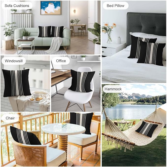 Outdoor Waterproof Pillows Cover Pack of 2 Modern Black Striped Burlap Texture Decorative Pillowcases with Zipper Cushion Case for Patio Tent Couch Garden 26 x 26 Inches