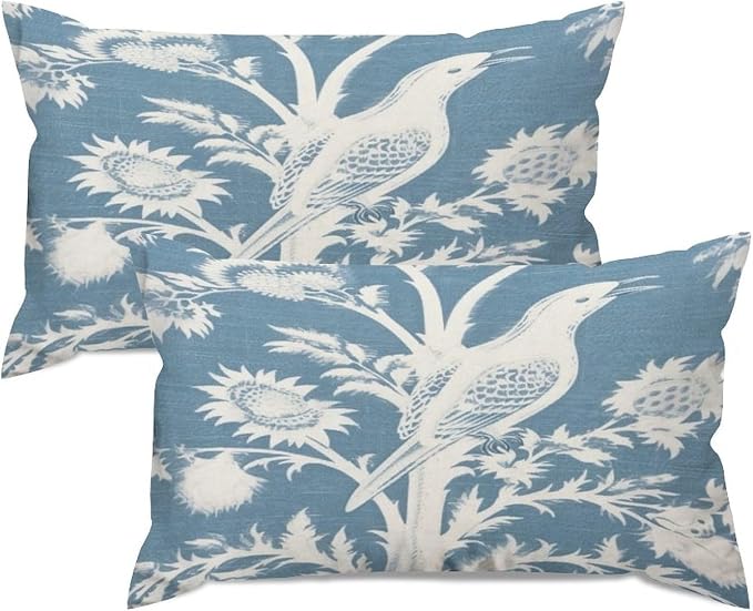 Set of 2 Blue Turquoise and White Birds Plant Pillow Covers 12x20in Farmhouse Canvas Cushion Covers Outdoor for Couch Chair Home Decor for Family Friends