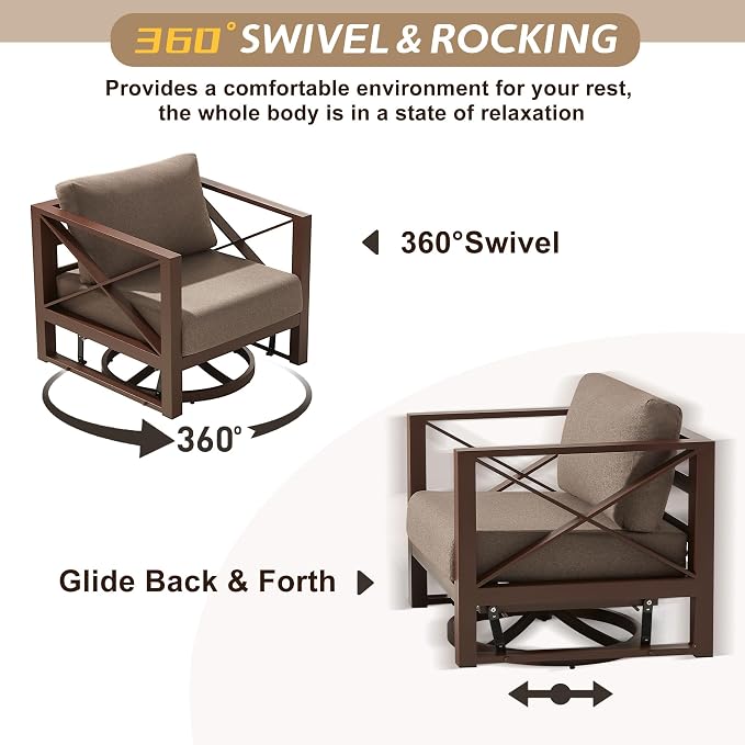 7-Piece Aluminum Patio Furniture Set with Fire Pit Table, Swivel Rocking Chairs & Oversized Sofa, All-Weather Outdoor Conversation Set for Backyard, Deck, Balcony – Brown