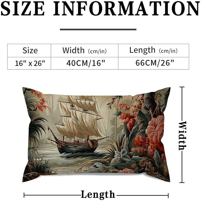 Moore Manor Antique Chinoiserie Lumbar Cushion Cover Vintage Boats and Flowers Pillowcase 16x26in Retro Accent Outdoor Garden Decoration for for Living Room Bed Farmhouse Patio