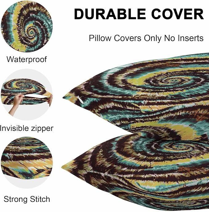 Vandarllin Outdoor Throw Pillows Covers 20x20 inch Set of 2 Waterproof Yellow Teal Tie-Dye Art Decorative Zippered Cushion Covers for Patio Furniture, Abstract Boho Tribe Lumbar Pillowcases