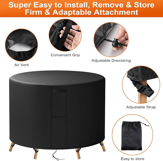 104"(D) x 16"(H) Round Outdoor Furniture Cover, Custom Heavy Duty 420D Waterproof Patio Furniture Cover with Drawstring & Buckles for Table Chair Garden, Black