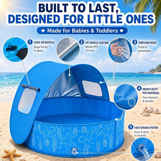 Baby Pool with Canopy, Foldable Kiddie Pool with Shade, Pop Up Water Play Pool with Carrying Bag for Toddlers, Portable for Backyard and Beach, 35.4 Inch