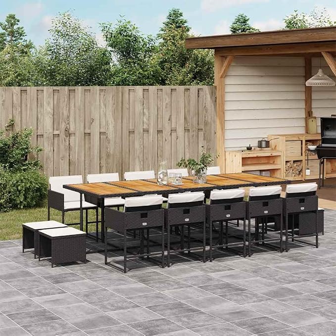 15-Piece Garden Dining Set, Synthetic Poly Rattan Patio Furniture with Acacia Wood Tabletop, Outdoor Seating for 14, Foldable and Stackable Design