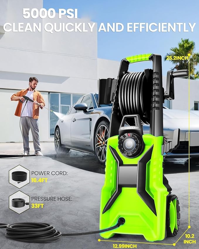 5000PSI Electric Pressure Washer, 2500-5000 PSI Adjustable Power Washer with 33ft Hose Reel, 4 Nozzles & Detergent Tank for Cars/Home/Driveways, Green