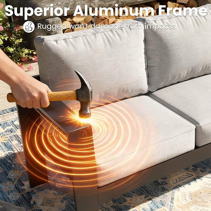 4 Pieces Modern Aluminum Patio Furniture Set, Outdoor Conversation Sets Metal Sectional Sofa with Coffee Table