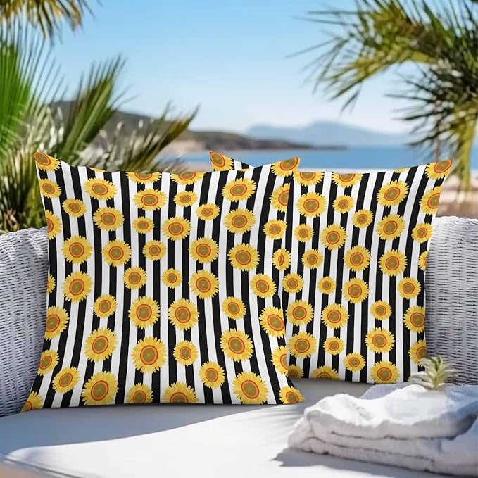 Vandarllin Outdoor Throw Pillows Covers 20x20 inch Set of 2 Waterproof Sunflower Decorative Zippered Cushion Covers for Patio Furniture, Summer Floral Black Stripes Lumbar Pillowcases