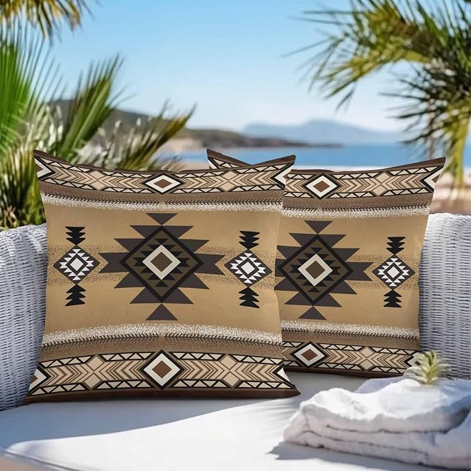 Vandarllin Outdoor Throw Pillows Covers 20x20 inch Set of 2 Waterproof Tribal Style Decorative Zippered Cushion Covers for Patio Furniture, Brown Southwest Native American Lumbar Pillowcases