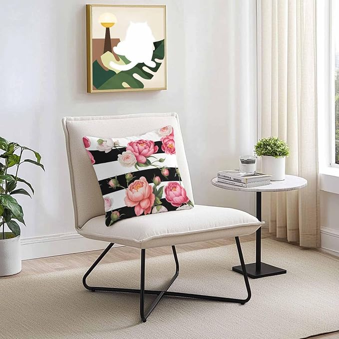 Outdoor Waterproof Throw Pillow Covers Set of 2 Pink Peony Rose Pillowcases 24x24 Inches Floral Black Stripes Decorative Pillows Cushion Case Patio Pillows for Couch Bed Chair Garden